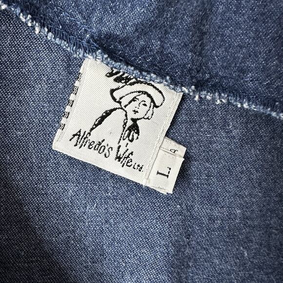 Alfredos Wife Top Womens Large Blue Denim Fringe Vintage Art Chambray - Picture 7 of 13